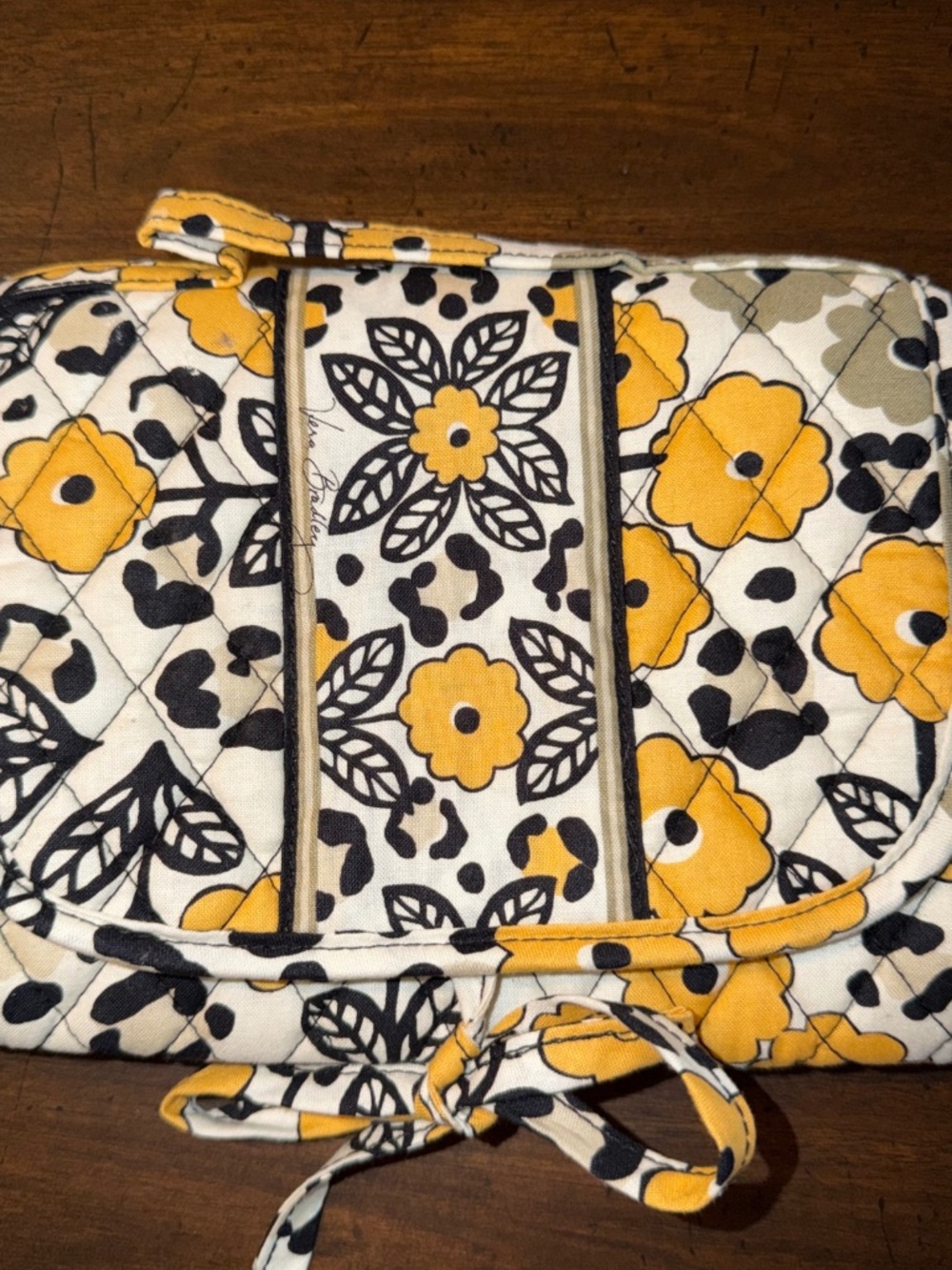 Vera Bradley Go Wild Yellow Black Floral Leopard Tie Close Toiletry Organizer